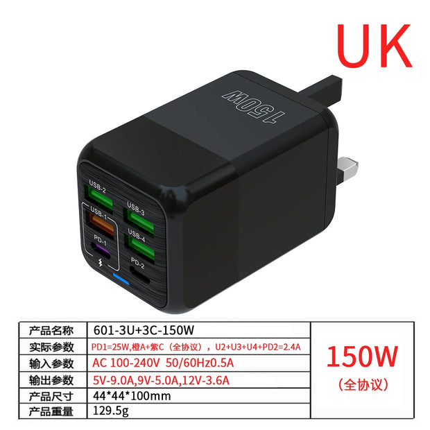 150W 6 Ports Pd QC 4.0 Usb C Fast Charger Wall Adapter Super Fast Charging For Iphone Samsung Ipad Xiaomi Huawei Oneplus Oppo