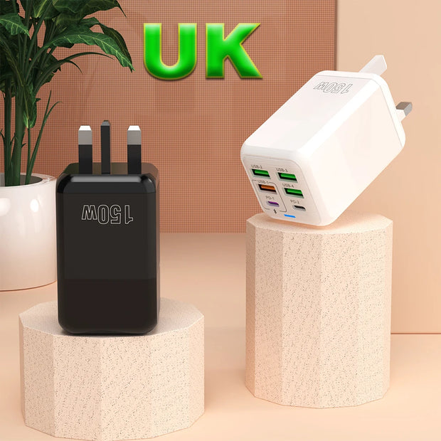 150W 6 Ports Pd QC 4.0 Usb C Fast Charger Wall Adapter Super Fast Charging For Iphone Samsung Ipad Xiaomi Huawei Oneplus Oppo